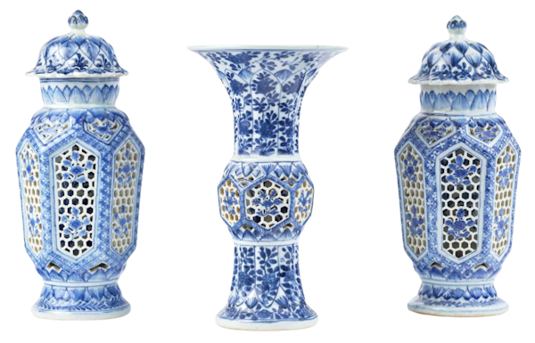 Three Rare Chinese Blue and White Double Walled Reticulated Vases - image 1