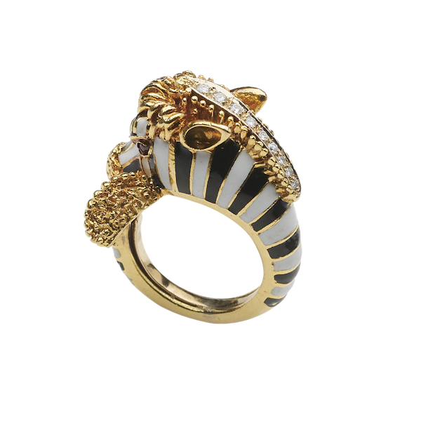 Vintage Frascarolo Italian Enamel Diamond Ruby and Gold Zebra Ring, Circa 1967 - image 1
