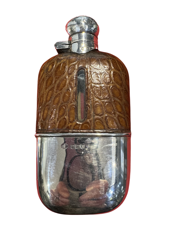 Antique silver & crocodile hip flask - image 1