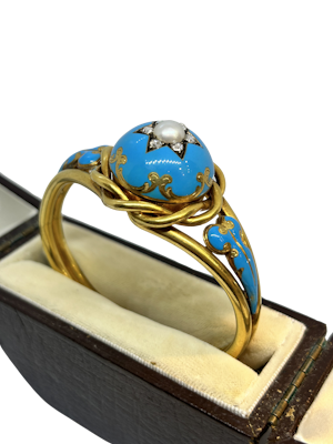 Beautiful Victorian pearl diamond enamel bangle at Deco&Vintage Ltd