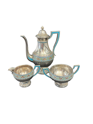 Norwegian silver and cloisonné enamel tea set by Gustav Hellstrøm c. 1930s.