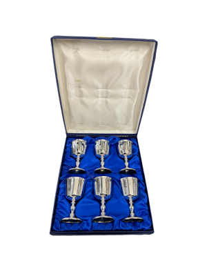 English silver set of six wine goblets by Barker Ellis Silver Co,  Birmingham 1973.
