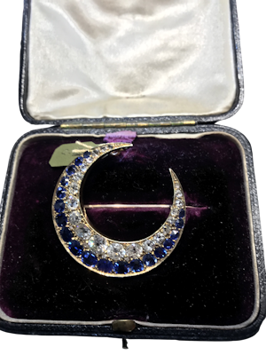 Victorian Diamond and Sapphire Crescent Brooch