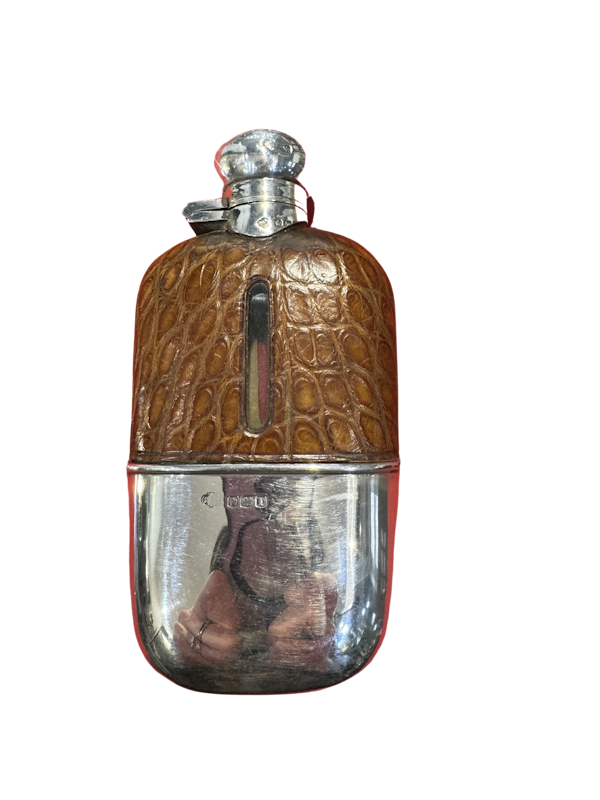 Antique silver & crocodile whiskey flask - image 1