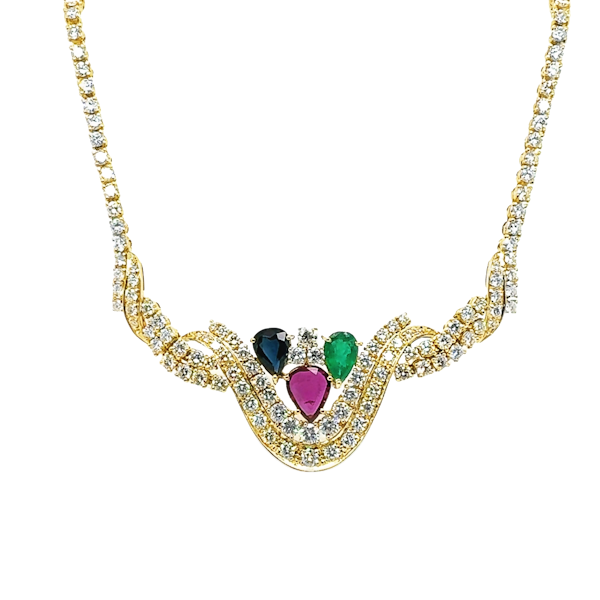 Multicolour Emerald, Ruby, Sapphire & diamond Cluster Necklace - image 1