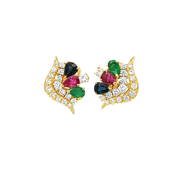 Multicolour Emerald, Ruby, Sapphire & diamond Cluster Earrings - image 5