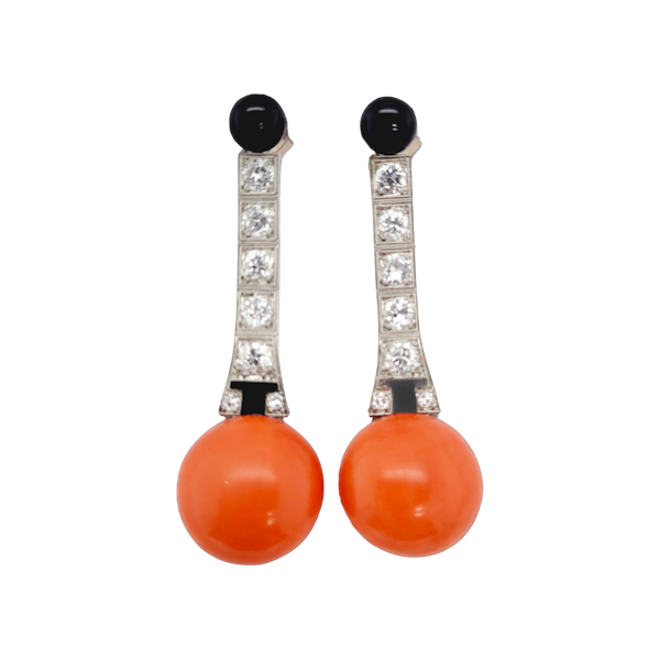 Art deco onyx diamond and coral drop earrings SKU: 7248 DBGEMS - image 1