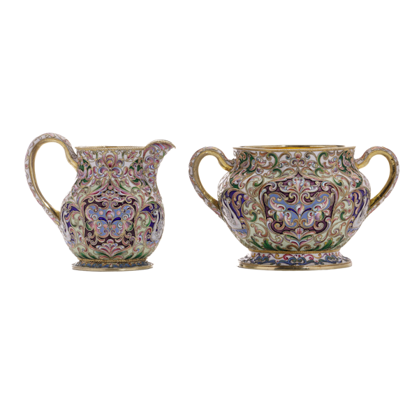 Antique Russian silver and shaded enamel sugar bowl and creamer by Orest Kurlukov, Moscow, circa 1900 - image 1