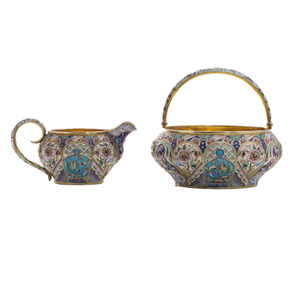 Antique Russian silver gilt and shaded enamel sugar basket and creamer, Moscow, circa 1910 - image 1