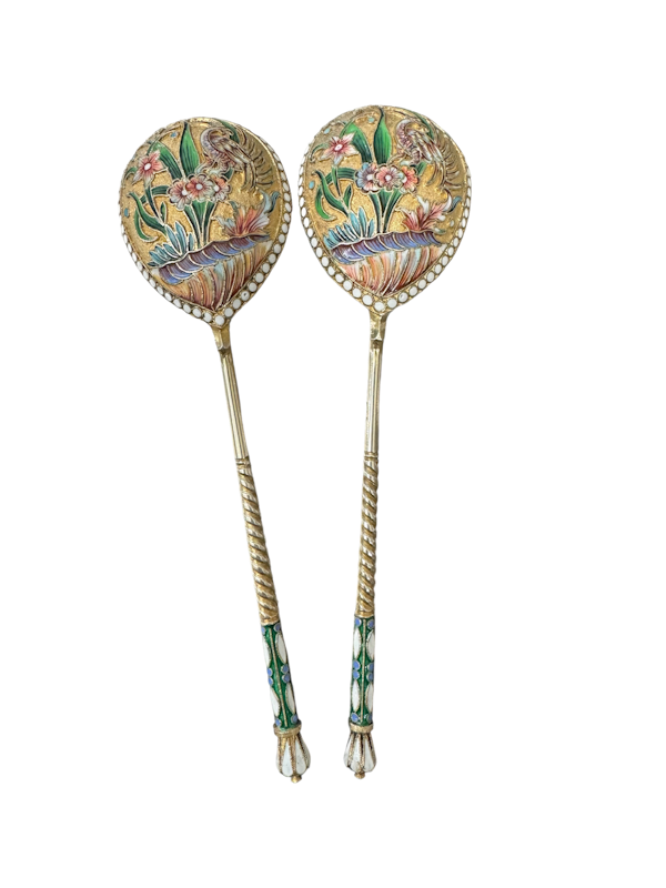 Antique Russian silver gilt and cloisonné shaded enamel pair of spoons, Moscow, circa 1900 - image 1