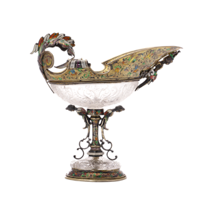 Antique Austrian rock crystal, silver gilt and champlevé enamel coupe, Vienna, circa 1880
