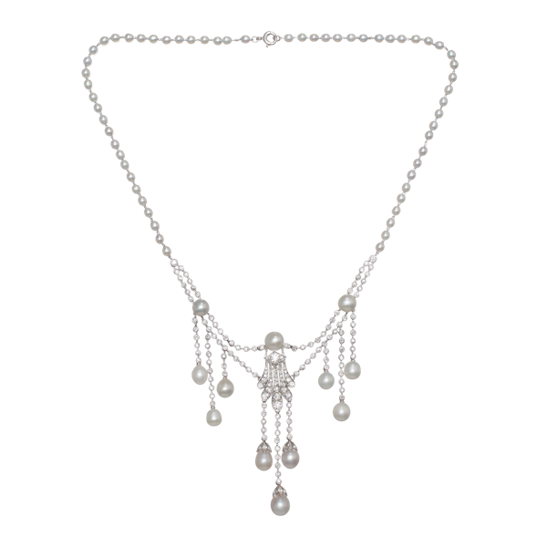 Marcus Natural Pearl Diamond and Platinum Necklace, Circa 1920 - image 1