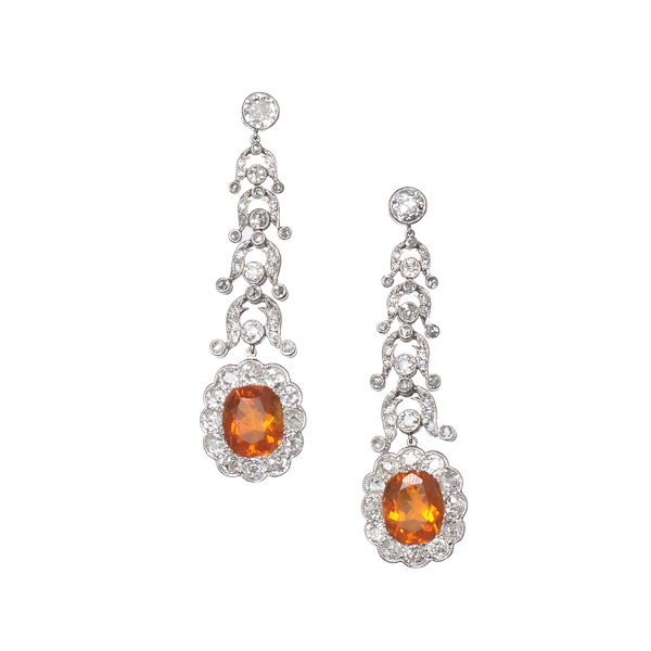 Garrards Fire Opal Diamond and Platinum Drop Earrings and Negligee Pendant Set, Circa 1920 - image 1