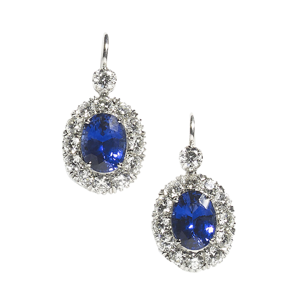 Modern Sapphire, Diamond and Platinum Cluster Drop Earrings - image 1