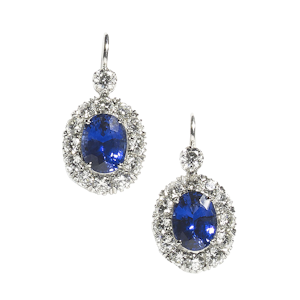 Modern Sapphire, Diamond and Platinum Cluster Drop Earrings