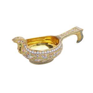 Russian silver gild and cloisonné shaded enamel kovsh, Moscow 1908-1917 by Grigoriy Sbitnev