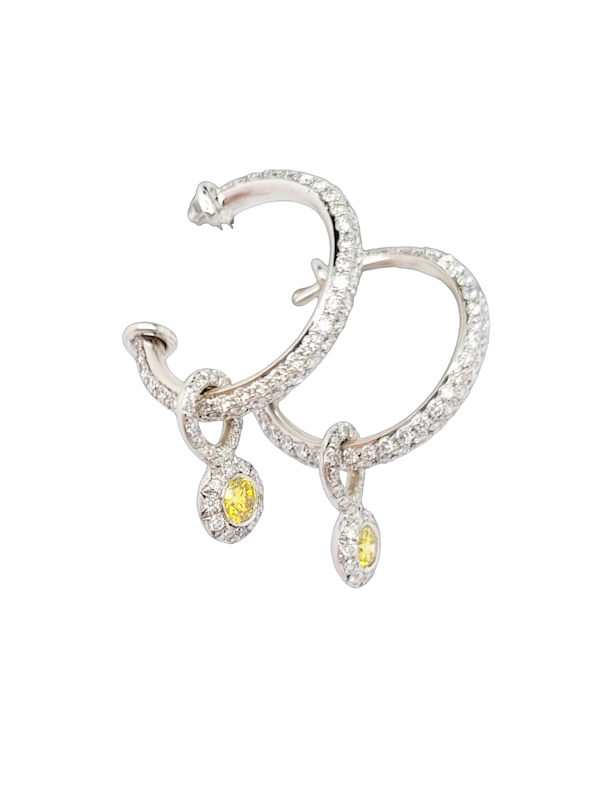 Pair of modern diamond hoop earrings with yellow diamond pendants SKU: 7294 DBGEMS - image 1