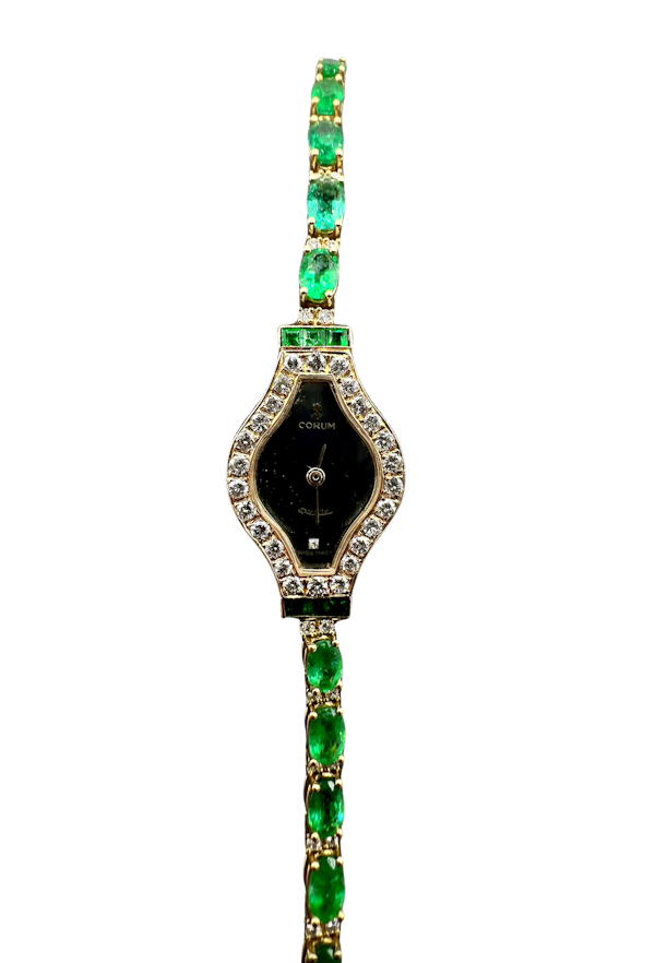 Corum Emerald 18k Gold Wristwatch and Earring Set Mid 20th Century - image 1
