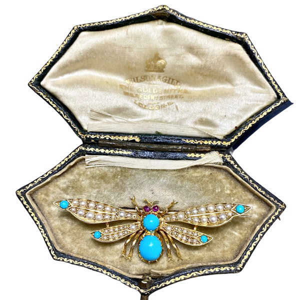 Turquoise Natural Pearl Ruby Brooch in 15ct Gold date circa 1880, SHAPIRO & Co since1979 - image 1
