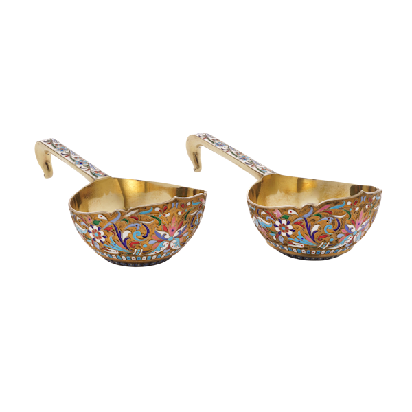 Antique Russian silver gilt and cloisonné enamel pair of kovshes, by Nikolay Alekseev, Moscow, circa 1890s - image 1