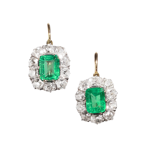 Antique Columbian Emerald Diamond and Silver Upon Gold Cluster Earrings, Circa 1890 - image 1