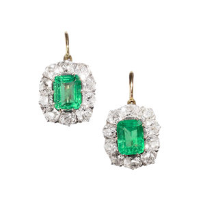 Antique Columbian Emerald Diamond and Silver Upon Gold Cluster Earrings, Circa 1890