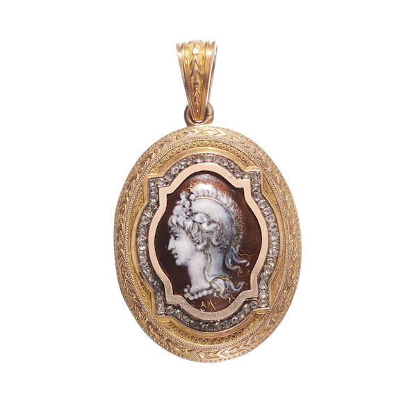 Antique Enamel Diamond and Gold Locket Pendant Depicting Minerva, Circa 1877 - image 1