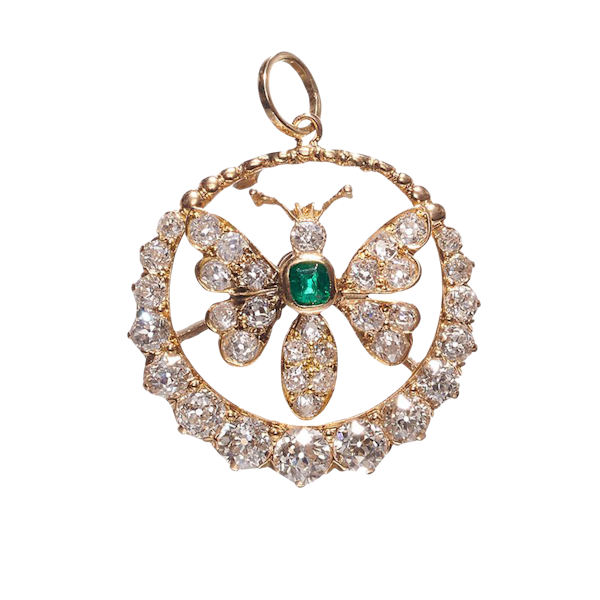 Antique Diamond Emerald and Gold Butterfly Pendant, Circa 1880 - image 1
