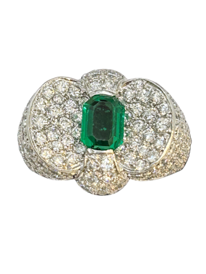 Beautiful Colombian Emerald Diamond Platinum Ring at Deco&Vintage Ltd