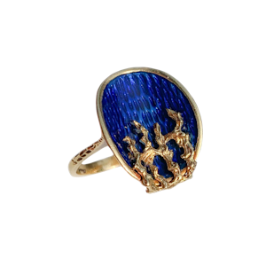 Vintage Blue Guilloché Enamel & 18ct Gold Ring | Italian 1970s