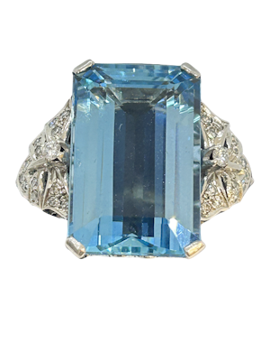 Lovely large Art Deco aquamarine diamond platinum ring at Deco&Vintage Ltd