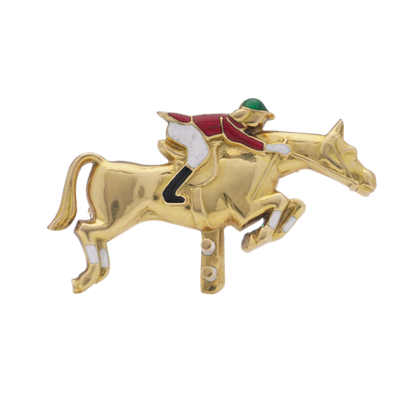 Jacques Lacloche 18kt. gold and enamel  jockey and horse brooch - image 1
