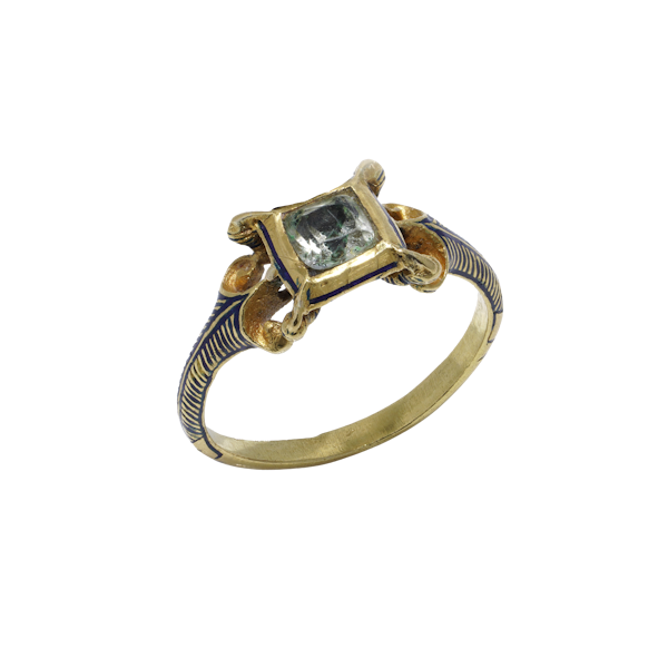 Renaissance revival 22kt yellow gold ring with rock crystal and enamel - image 1