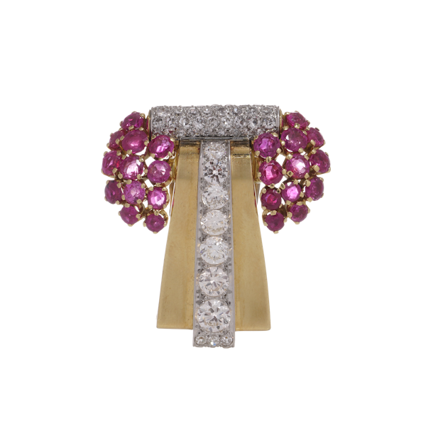 Retro Platinum and 18kt gold diamond and ruby brooch. - image 1