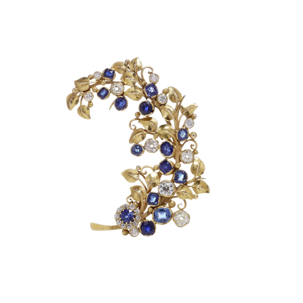 Victorian 18kt gold floral sapphire and diamond brooch - image 1