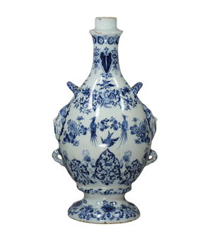 Rare Dutch Delft blue and white flask by Adrianus Kocks, circa 1690-1701,