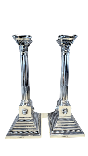 Antique Large Corinthian Silver Candlesticks