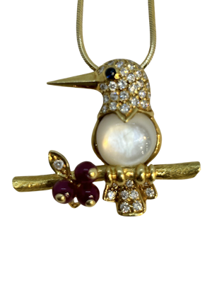 Mauboussin Paris kingfisher moonstone diamond ruby pendant at Deco&Vintage Ltd