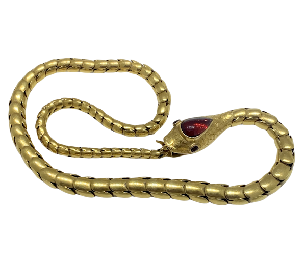 Rare 18ct Georgian Snake Necklace with Cabochon Garnet Head - image 1