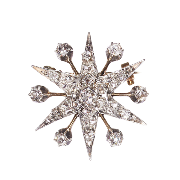 Antique Diamond and Silver Upon Gold Six Point Star Brooch, With Rays, Circa 1890, 1.50 Carats - image 1