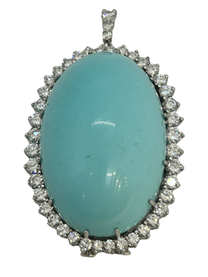 Large Persian Turquoise and Diamond platinum pendant/brooch at Deco&Vintage, stand 324