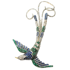 Moira Sapphire, Diamond, Emerald and Silver Upon Gold Bird of Paradise Brooch, Circa 2002