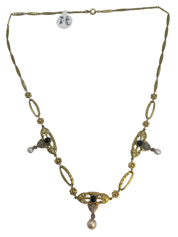 Lovely Art Nouveau French Sapphire Diamond and Pearl necklace,Deco&Vintage,stand 324 - image 1