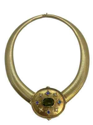 Beautiful Theo Fennell peridot,Montana Sapphire and Diamond 18ct Gold necklace,Deco&Vintage,stand 324