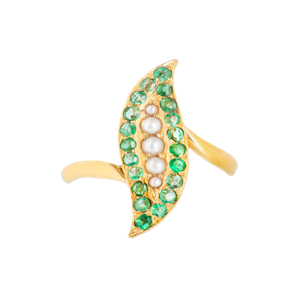 Emerald & Pearl Pea Pod Ring | 18ct Gold | English c1900s