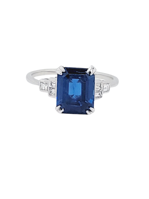 Art deco emerald cut sapphire and baguette diamond engagement ring SKU: 7529 DBGEMS