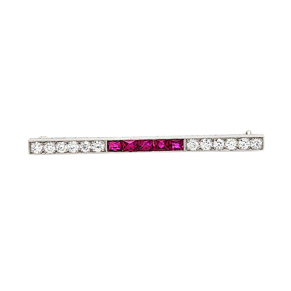 Marcus Art Deco Ruby Diamond and Platinum Bar Brooch, Circa 1925 - image 1