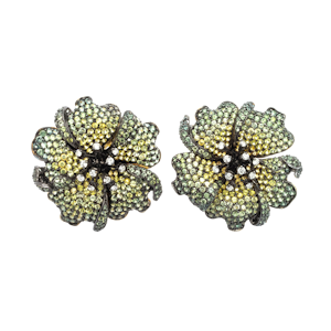 Modern Green to Yellow Sapphire Diamond and Gold Rose Flower Earrings
