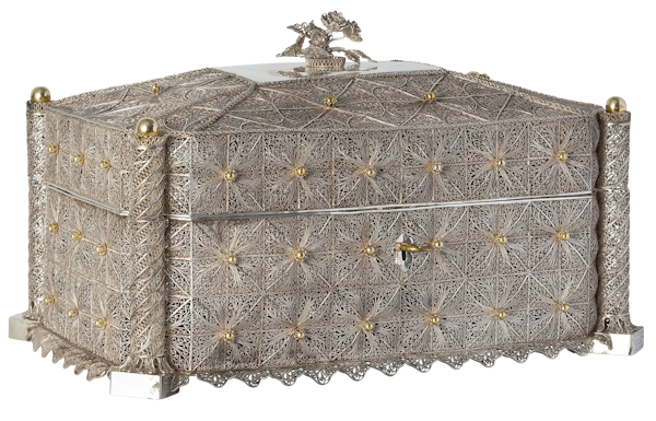 A magnificent mid-19th century silver and silver gilt filigree casket of Irish and Jewish interest inscribed ‘By M. Erlich Manufacturing Jeweller Dublin 1858 - image 1