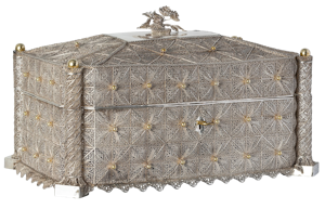A magnificent mid-19th century silver and silver gilt filigree casket of Irish and Jewish interest inscribed ‘By M. Erlich Manufacturing Jeweller Dublin 1858
